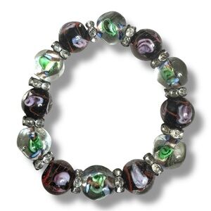 Blown glass beaded bracelet with rhinestone rondelles